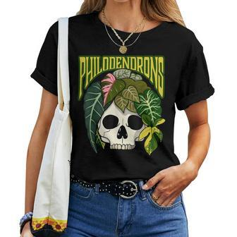Philodendron House Plant Lover Skull Aroids Head Planter Women T-shirt | Mazezy