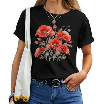 Poppy Flower Botanical Vintage Poppies Floral Women T-shirt - Seseable