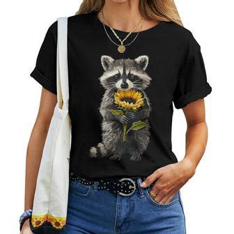 Raccoon Holding Sunflower Cute Flower Women T-shirt - Seseable