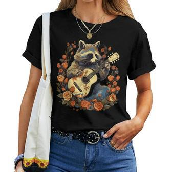 Raccoon Playing Guitar Cottagecore Floral Racoon Animal Women T-shirt - Monsterry CA