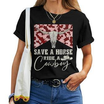 Retro Bull Skull Western Country Save A Horse Ride A Cowboy Women T-shirt - Monsterry CA