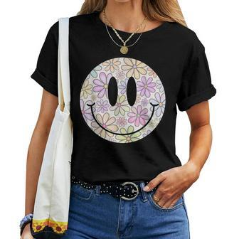 Retro Flower Happy Face Checkered Pattern Smile Face Trendy Women T-shirt - Thegiftio UK