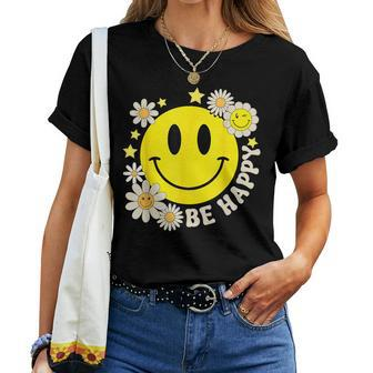 Retro Groovy Be Happy Smile Face Daisy Flower 70S Women T-shirt - Seseable