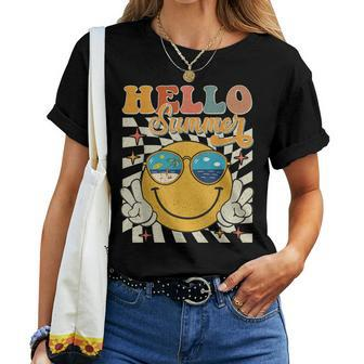 Retro Groovy Hello Summer Smile Face Hello Beach Vacation Women T-shirt - Monsterry