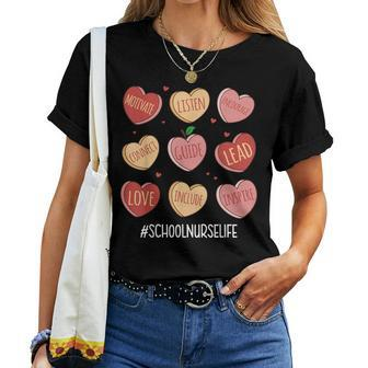 Retro Hearts School Nurse Life Valentines Day Women T-shirt | Mazezy