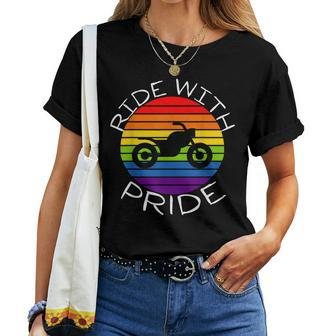 Ride With Pride Gay Bikers Lgbt Month Vintage Retro Rainbow Women T-shirt - Monsterry