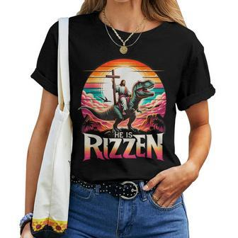 He Is Rizzen Jesus Has Rizzen Retro Christian Dinosaur Women T-shirt | Mazezy CA