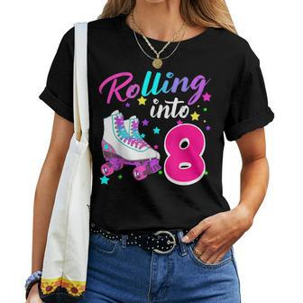 Rollin' Into 8 Roller Skating Rink 8Th Birthday Party Girls Women T-shirt - Monsterry UK