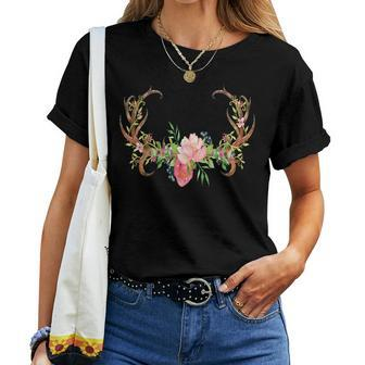 Rustic Deer Antlers Beautiful Flowers Cute Boho Love Women T-shirt - Monsterry DE