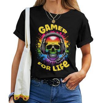 Skull Wearing Headphones Grunge N Gamer Rainbow Graffiti Women T-shirt - Monsterry