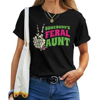 Somebodys Feral Aunt Auntie Sarcasm Groovy Pregnancy Reveal Women T-shirt - Monsterry UK