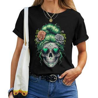 St Pattys Day Skull Bun Messy Irish Women Women T-shirt | Mazezy CA