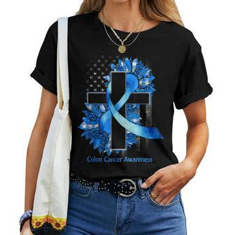Sunflower Blue Ribbon Christian Cross Colon Cancer Awareness Women T-shirt - Thegiftio UK
