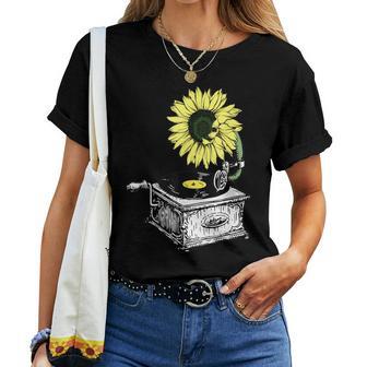 Sunflower Retro Vintage Classic Vinyl Record Player Women T-shirt - Monsterry