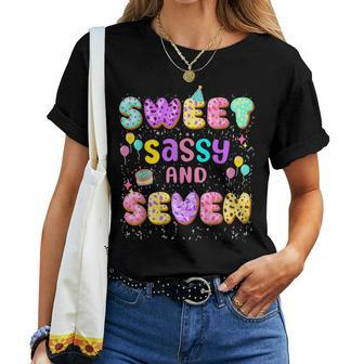 Sweet Sassy And Seven Birthday Girl Donut Family Party Decor Women T-shirt - Seseable