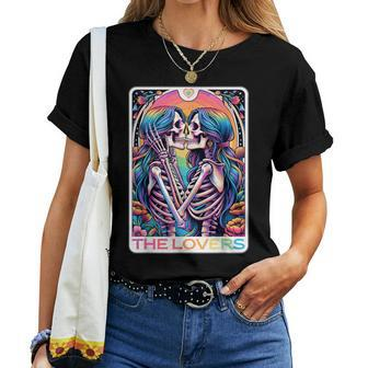 Tarot Card The Lovers Rainbow Kissing Lesbian Skeletons Women T-shirt - Seseable