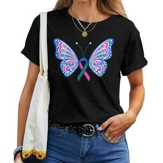 Thyroid Cancer Blue Pink Teal Ribbon Butterfly Wings Tattoo Women T-shirt - Monsterry CA