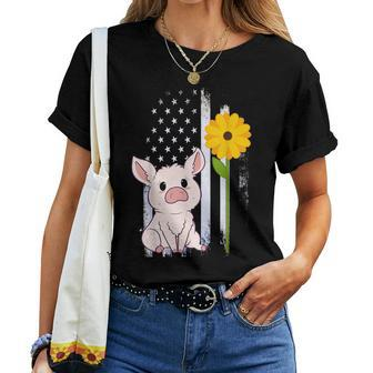 Usa Flag Pig Sunflower Piglet Pig Lover Women T-shirt - Monsterry