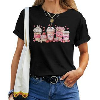 Valentines Day Pink Coffee Cups Latte Iced Cream Cute Hearts Women T-shirt | Mazezy