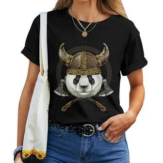Viking Panda With Viking Helmet Mjolnir Axes Women T-shirt - Monsterry CA