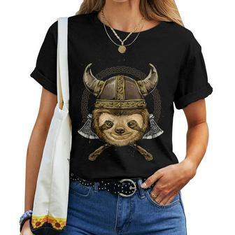 Viking Sloth With Viking Helmet Mjolnir Axes Women T-shirt - Monsterry