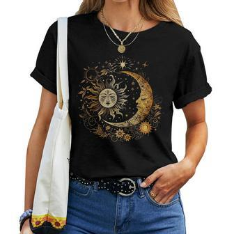 Vintage Celestial Sun Moon Flower Astrology Moon Phases Women T-shirt - Monsterry