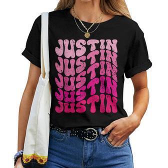 Vintage Justin Personalized Name I Love Justin Groovy Women T-shirt - Seseable