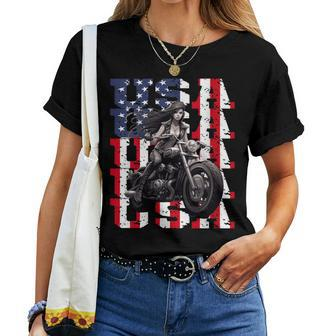 Vintage Motorcycle American Flag Helmet Biker Women T-shirt - Monsterry