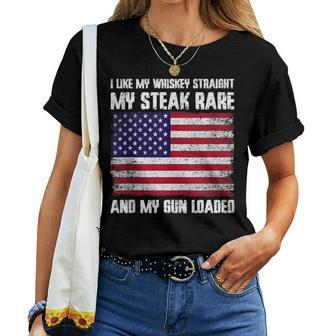 Vintage Patriotic Whiskey Steak Guns Freedom Whiskey Lover Women T-shirt - Monsterry DE