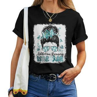 Warrior Messy Bun Teal Ribbon Addiction Recovery Women T-shirt - Monsterry AU
