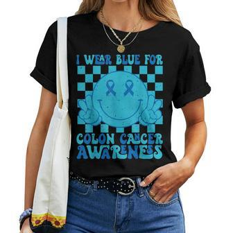 I Wear Blue For Colon Cancer Awareness Groovy Smile Face Women T-shirt | Mazezy