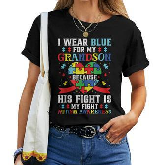 I Wear Blue For My Grandson Autism Awareness Grandma Grandpa Women T-shirt - Seseable