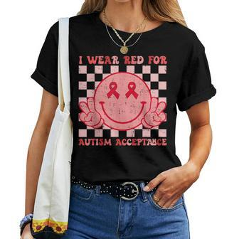 I Wear Red For Instead Autism-Acceptance Groovy Smile Face Women T-shirt - Seseable
