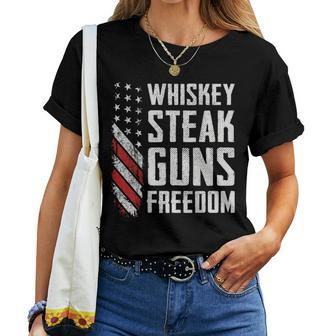 Whiskey Steak Guns Freedom Gun Bbq Drinking -On Back Women T-shirt - Monsterry