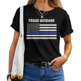 My Wife Is A Police Officer Proud Husband Blue Line Women T-shirt - Monsterry