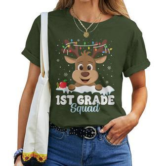 1St Grade Teacher Christmas First Grade Squad Reindeer Xmas Women T-shirt - Seseable
