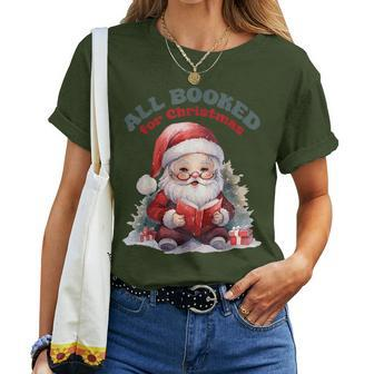 All Booked For Christmas Book Tree Teacher Vintage Santa Women T-shirt - Seseable