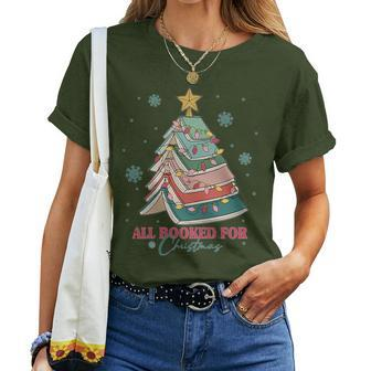 All Booked For Christmas Book Tree Xmas Teacher School Women T-shirt - Seseable