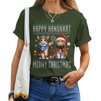Cat Merry Christmas Happy Hanukkah Jewish Christian Women T-shirt - Seseable