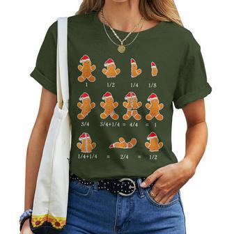 Christmas Math Teacher Fraction Gingerbread Cookie Santa Hat Women T-shirt - Monsterry