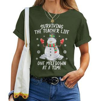 Christmas Surviving Teacher Life Meltdown Teacher Christmas Women T-shirt | Mazezy