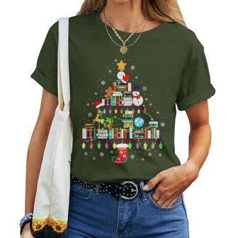 Christmas Tree Shape Lights Books Teacher Christmas Women T-shirt - Seseable