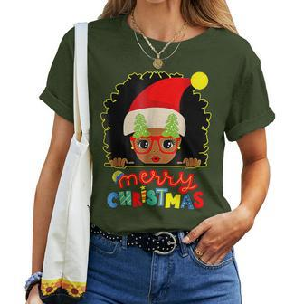 Cute Afro Black Girl Glasses Santa Melanin Merry Christmas Women T-shirt - Seseable