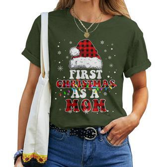 First Christmas As A Mom Santa Hat Red Plaid Buffalo Women T-shirt - Seseable
