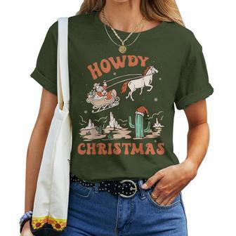 Howdy Christmas Vintage Rodeo Cowboy Santa Western Horse Women T-shirt - Seseable