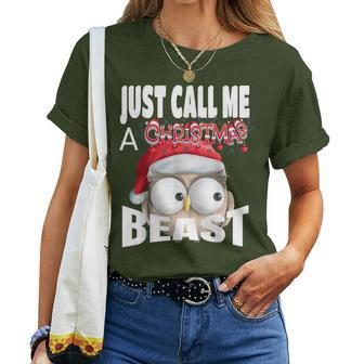 Just Call A Christmas Beast With Cute Little Owl N Santa Hat Women T-shirt - Monsterry DE