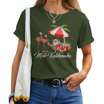 Mele Kalikimaka Santa Flamingo Tropical Christmas Hawaiian Women T-shirt | Mazezy