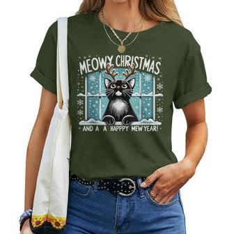 Merry Christmas Cat Cat Mom Meowy Christmas Mew Year Women T-shirt - Seseable