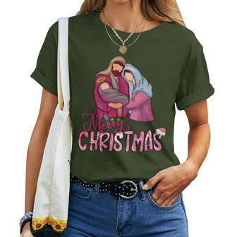 Merry Christmas Christian Pink Nativity Christmas Jesus Women T-shirt | Mazezy