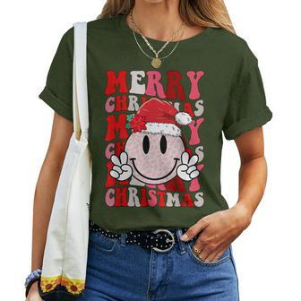 Merry Christmas Smile Face Santa Claus Hat Groovy Retro Women T-shirt - Seseable